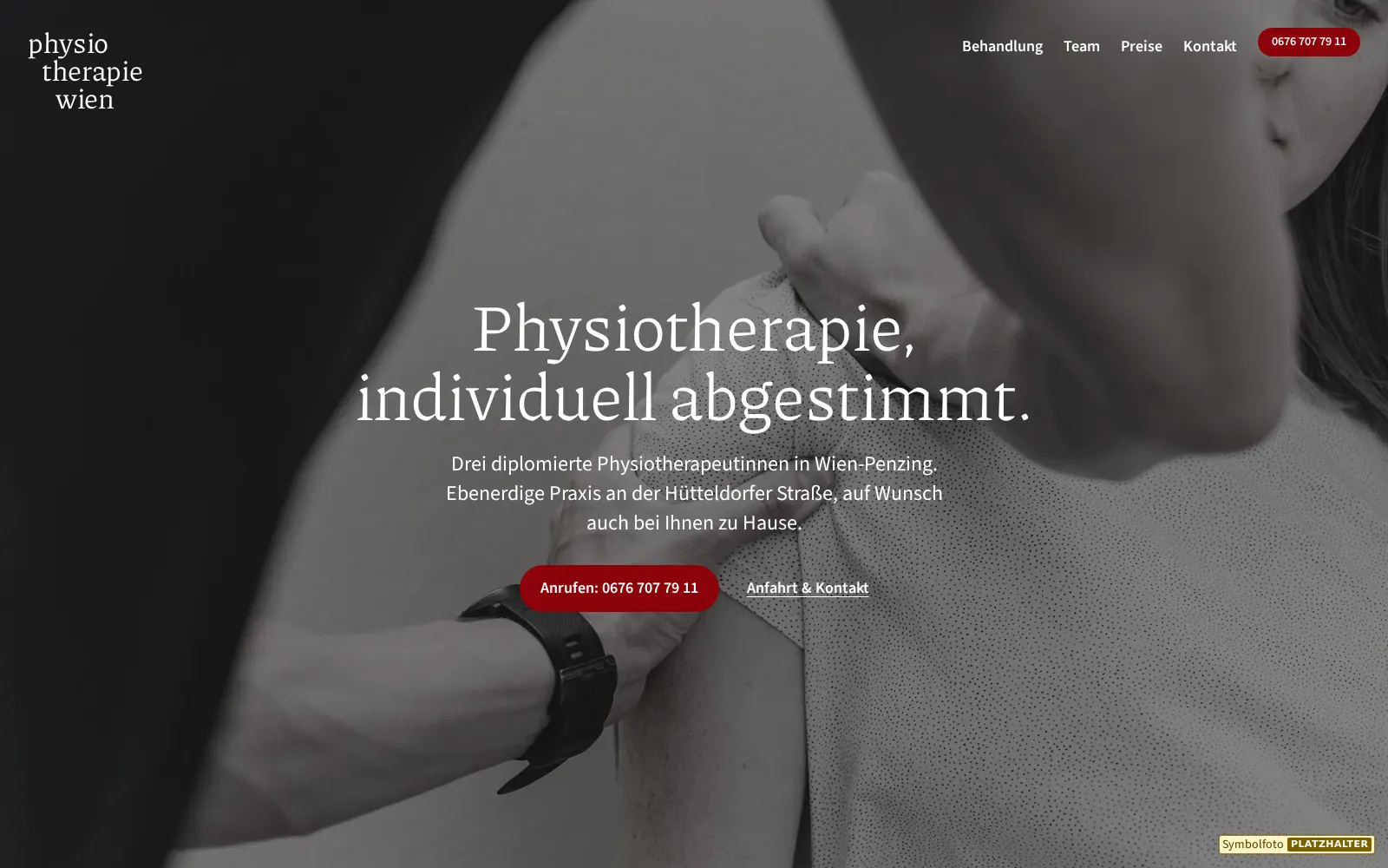 Vorschau Entwurf 1: graues Foto mit Händen, darauf groß „Physiotherapie, individuell abgestimmt.“